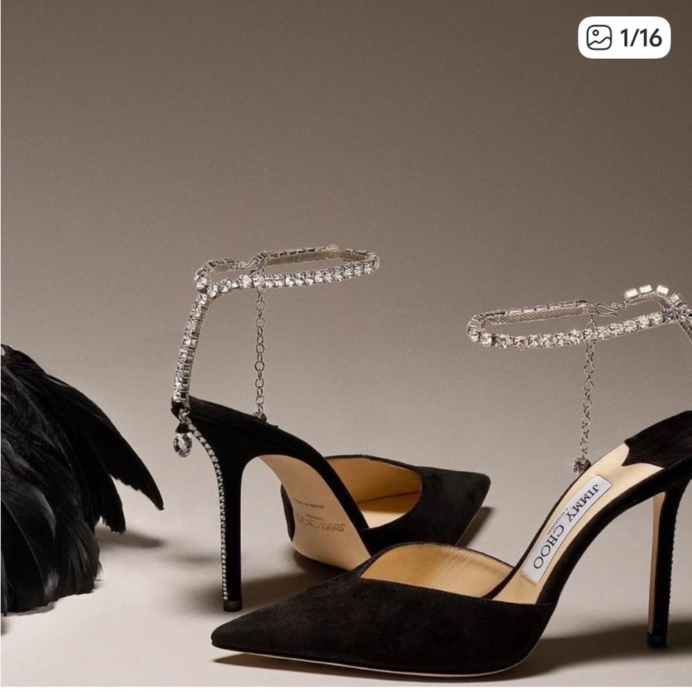 Jimmy Choo Black Suede Heels with Crystal Ankle Strap